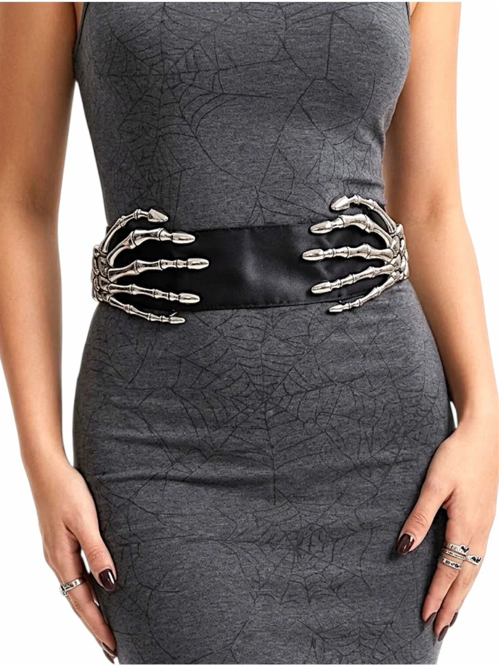 Gothic Skeleton Hands Belt Silver toned Skeleton Bones Faux Leather Tie Belt